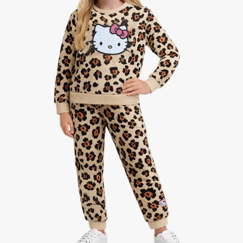 Hello Kitty Leopard Print Kids Pajama Set - Tan and Black